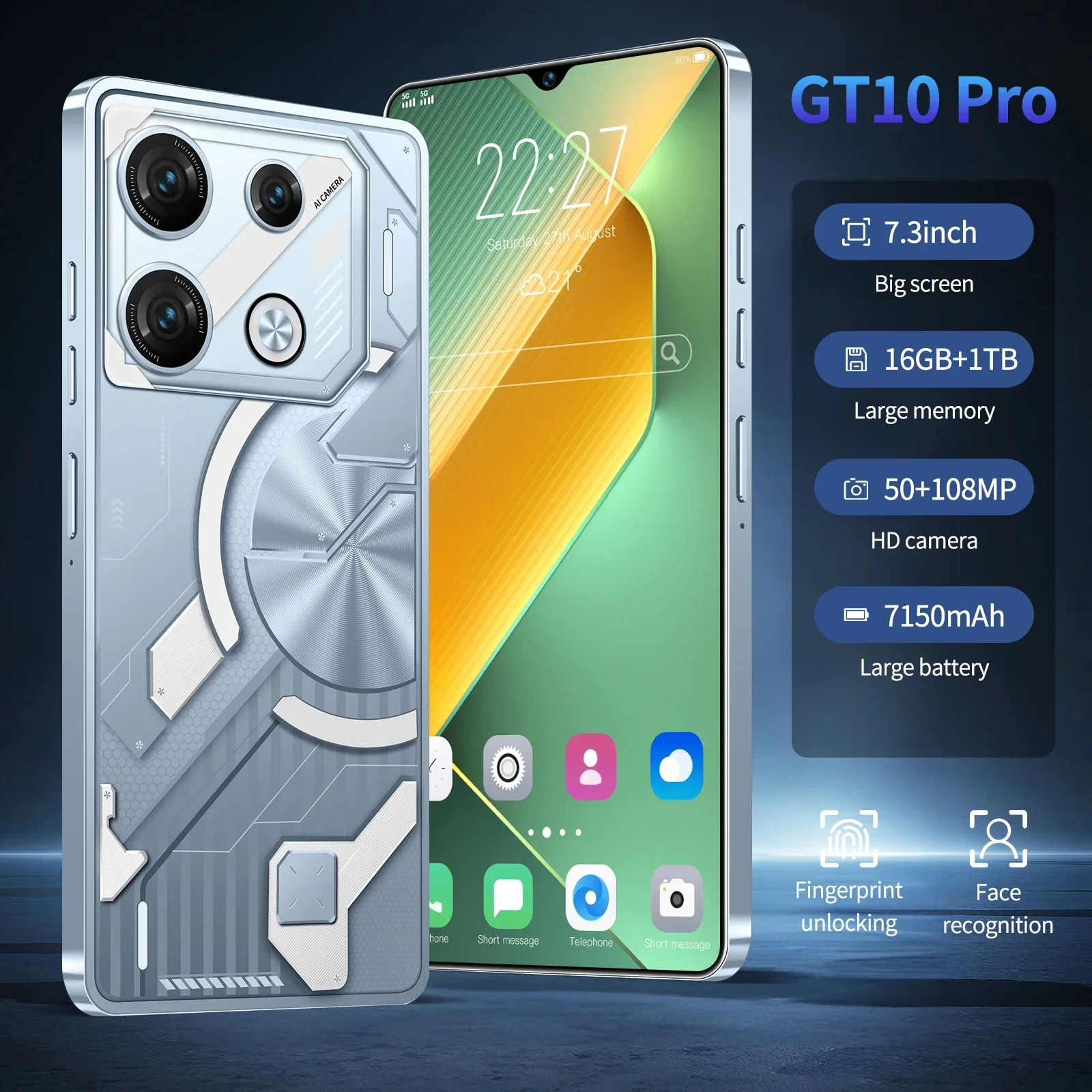 GT10Pro 5G Global Versie 7.3HD Scherm 16G + 1T 7000Mah Android13 Cellulare Dual Sim Gezicht ontgrendeld Mobiele Telefoon 108MP Mobiele Telefoon