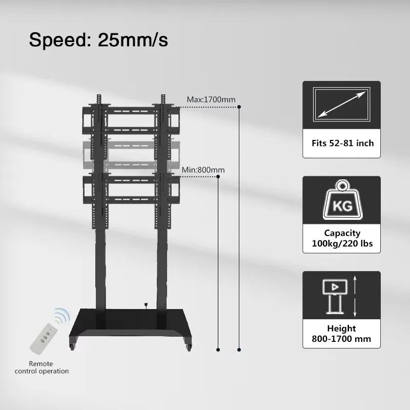 Gold Seller Modern Motorized TV Trolley Metal Height Adjustable Movable TV Cart with Wheels Remote Control Stand for Home Theate