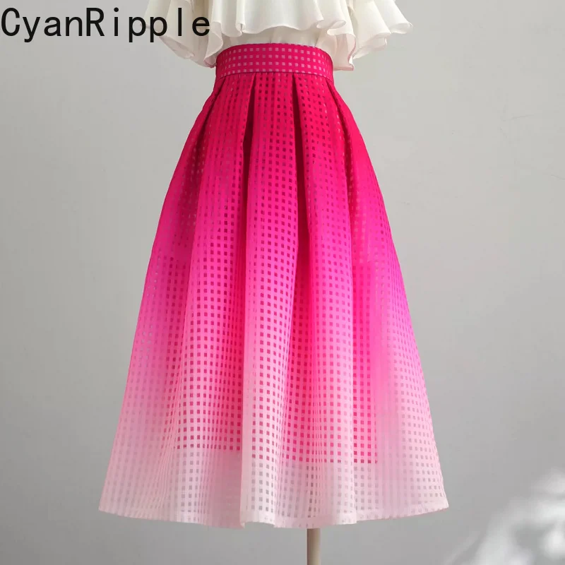 Gradient Rose Pink Women's Pleated Skirts 2026 New Spring Summer High Waist Pleated Skirt Mid-length Elegant Organza Skirts