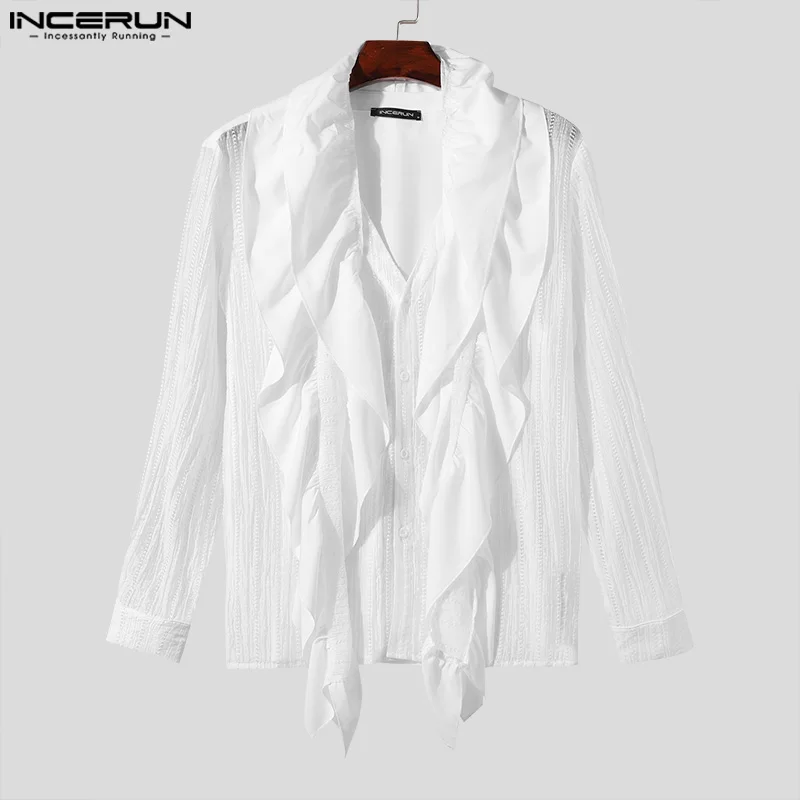 INCERUN Men Shirt Hollow Out Ruffle Belt Patchwork V Neck Long Sleeve Transparent Men Clothing Streetwear 2024 Fashion Camisas