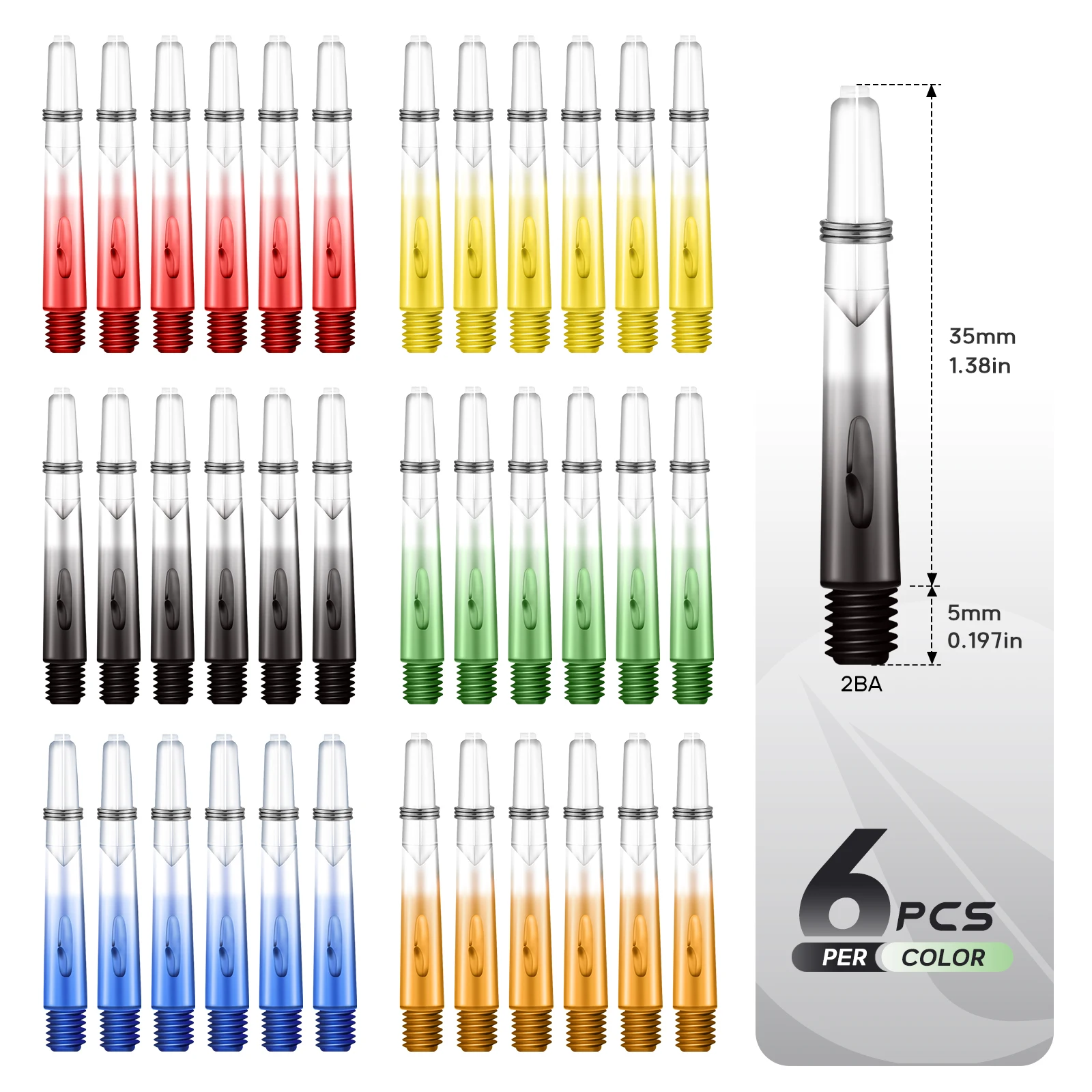 Huanqu 6-Piece Set of Transparent Colored Pc Dart Shafts, Total Length 40mm, Equipped with Spring Rings, Suitable for Standard 2Ba Thread, Dart Accessories, Smooth Shafts for Smoother Flight