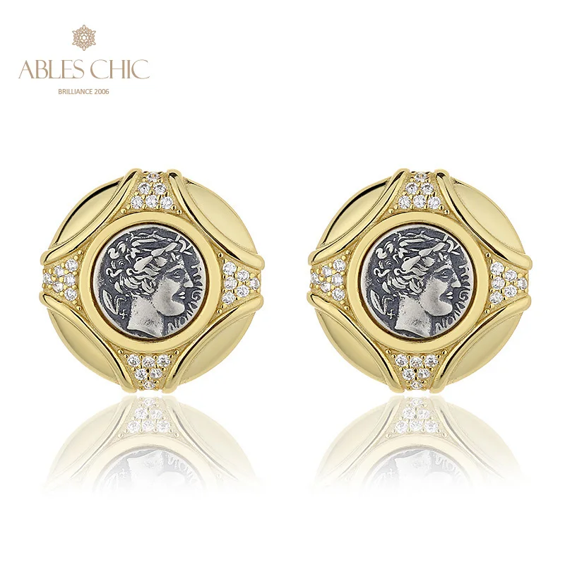 Ables Chic Apollo Greek Coins Solid 925 Silver Roman Coin CZ Accent Stud Earrings E1012