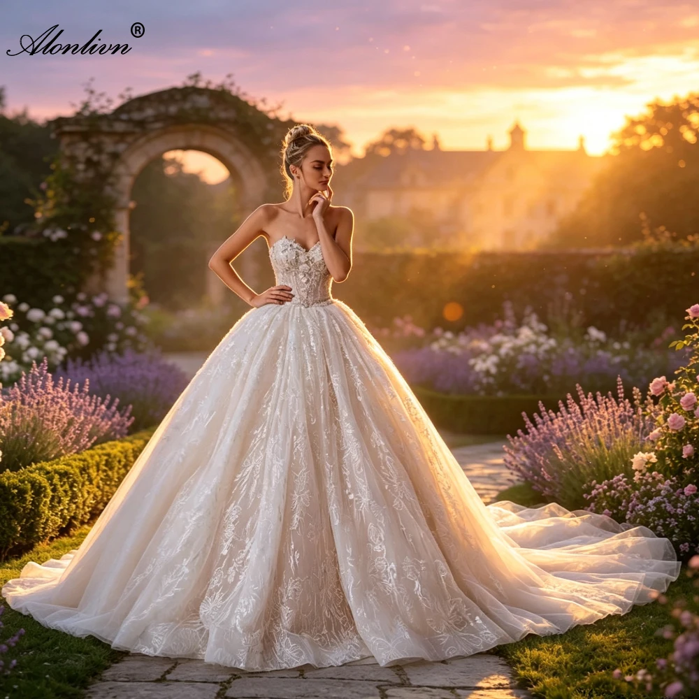 Alonlivn Gorgeous Lace Princess Wedding Dresses with Beading Pearls Sweetheart Full Lace Ball Gown Bride Dresses Chapel Train