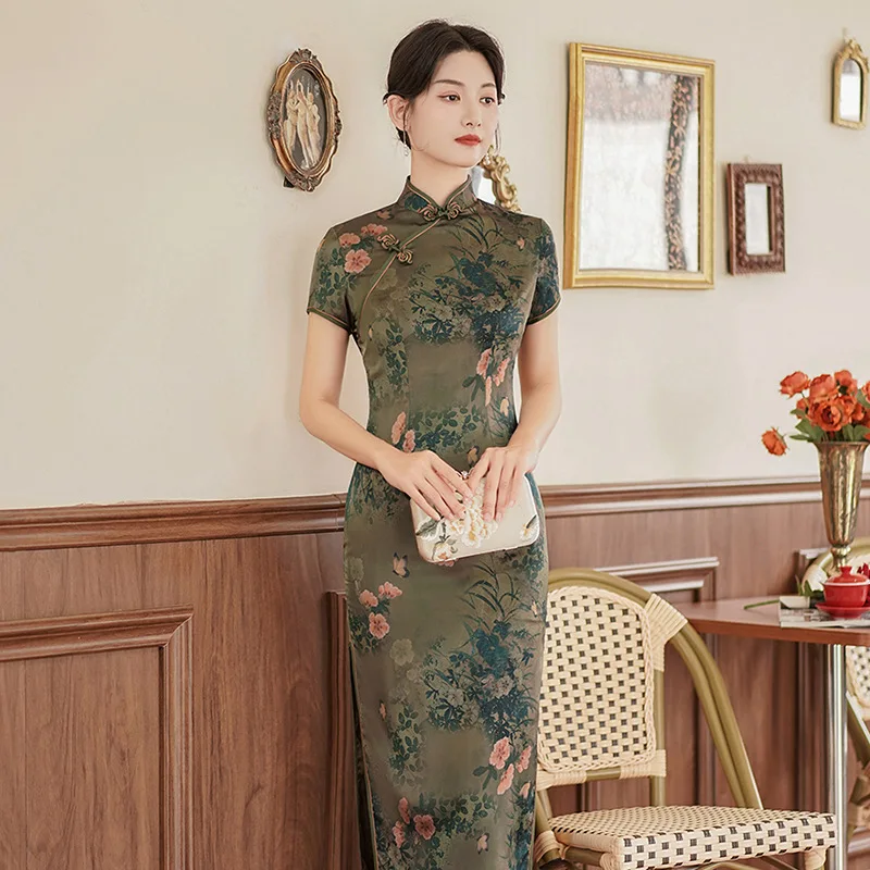 Cheongsam de talla grande para mujer 3XL 4XL 5XL vestido tradicional chino con cuello mandarín Vintage verde elegante estampado de flores Qipao largo