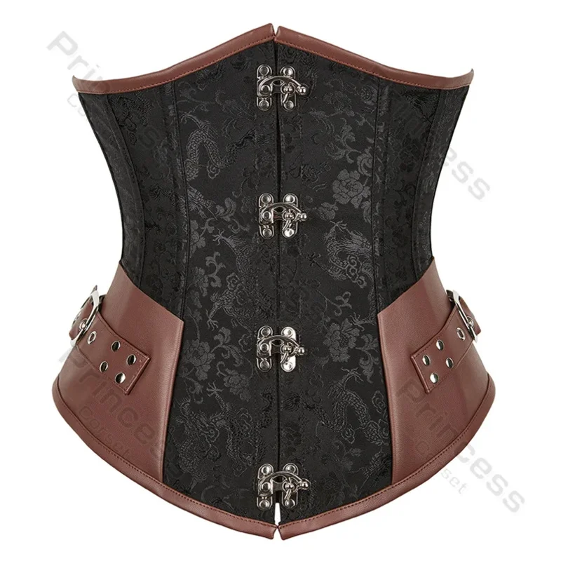 Steampunk Underbust Corset Leather Brown Pirate Corset Belt Lace Up Back Jacquard Corset Vintage Top for Women Black OI5121