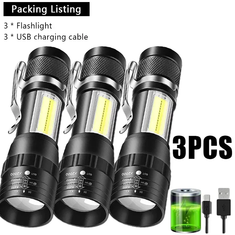 Tragbare wiederaufladbare LED-Taschenlampe mit Stiftclip, zoombare wasserdichte Taschenlampe mit Seitenlicht, Outdoor, Camping, Notfall 2026