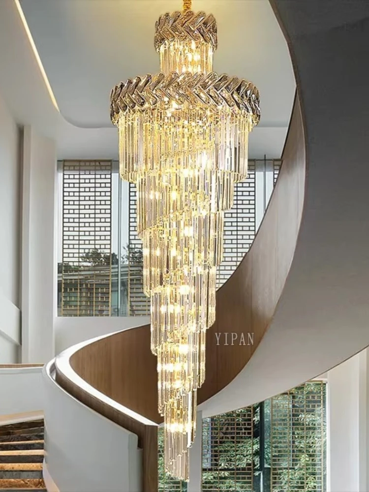 Golden Crystal Luxury Chandelier Shopping Center Villa Hollow High Light Stairs Long Gloss