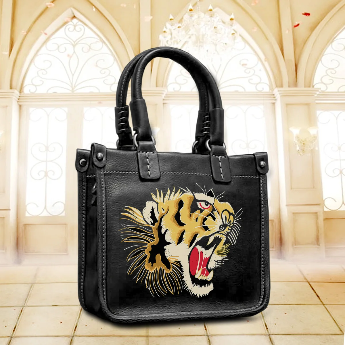 Cow Leather Personalizar bolso Art Printed Punk Tiger Bags Real Cowskin Women Bags Messenger Crossbody Handbags Female Totes