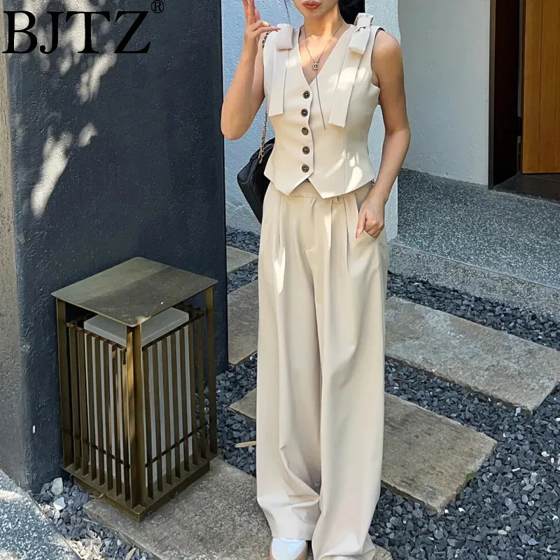 

BJTZ Solid Color Sleeveless Single Breasted Waistcoat Straight Wide Pants Women 2025 Spring Fashion Simple Blazers For Woman