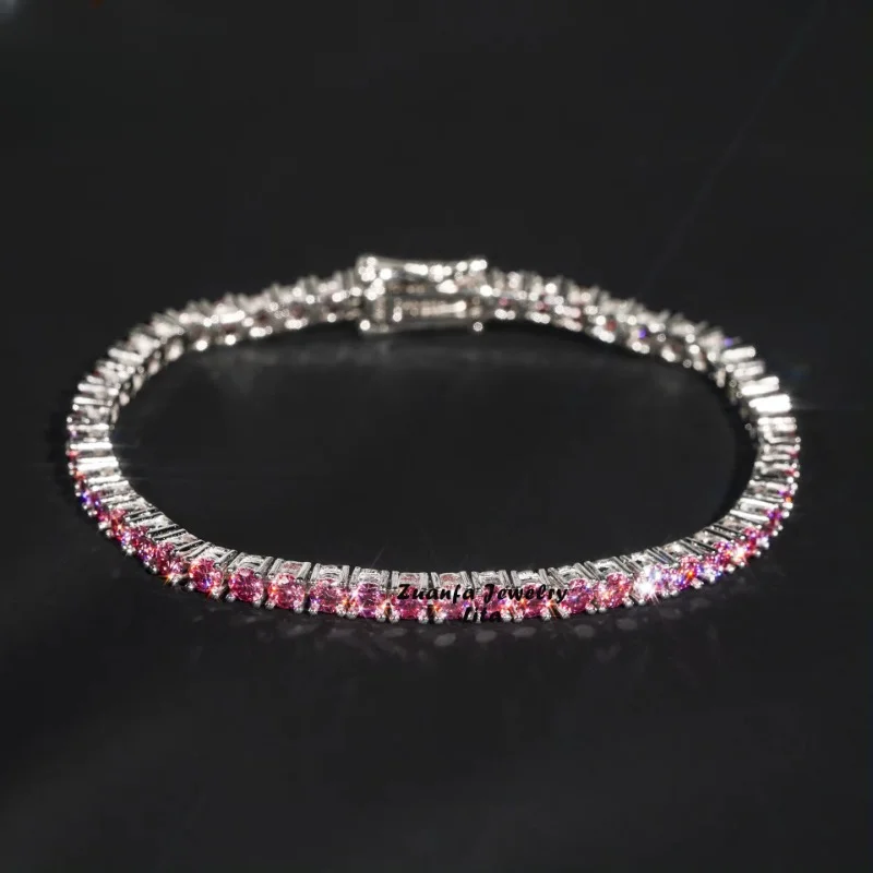 

2mm Pink Moissanite Tennis Chain Bracelet for Women Hiphop 925 Sterling Silver Iced Rock Link Bracelets Necklace Pass Tester