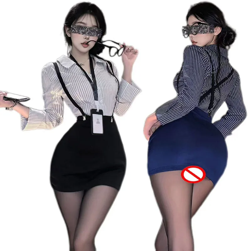 

Sexy Female Secretary Hip Wrap Skirt Uniform Teacher Girl Passion Striped Shirt Top High Waist Shoulder Strap Short Skirt Suit