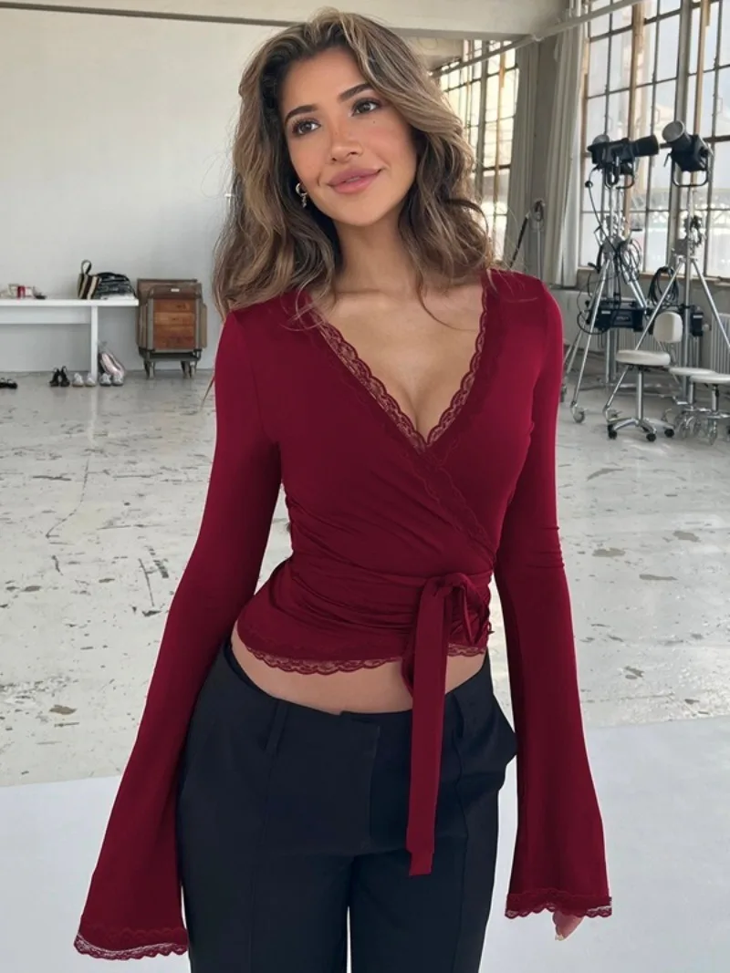 

FDYOUI Woman Clothes Sexy V-neck Lace Patchwork Bandage T-shirts Streetwear Y2K Lady Long Sleeve Lace-up Corset Tops Tee Shirt