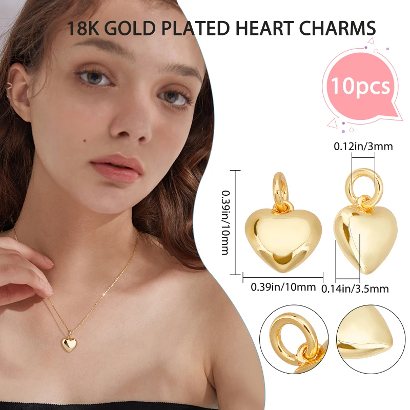 10Pcs 18K Gold Plated Heart Charms 3D Heart Dangle Pendant Charms with Jump Ring for Mother's Day Valentine's Gifts