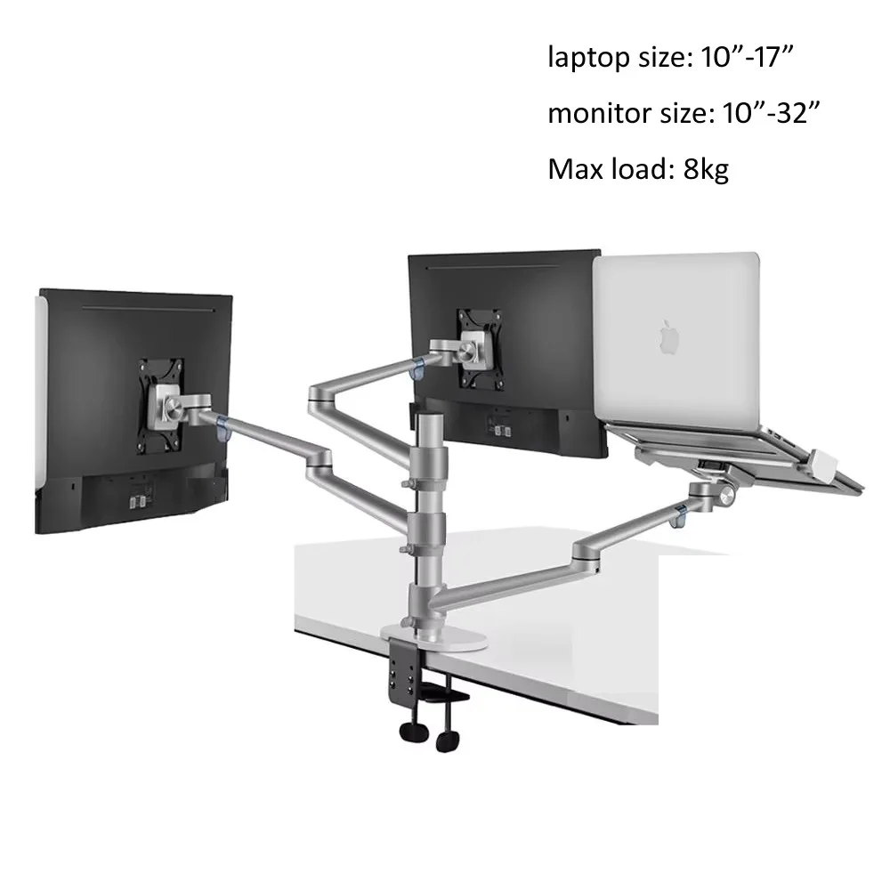 OL-30L Aluminum 3 Arm Mount For 10"-17" Laptop Notebook + 10"-32" Monitor PC Computer Desktop Bracket 0-87mm Thick Desk 0-8kg