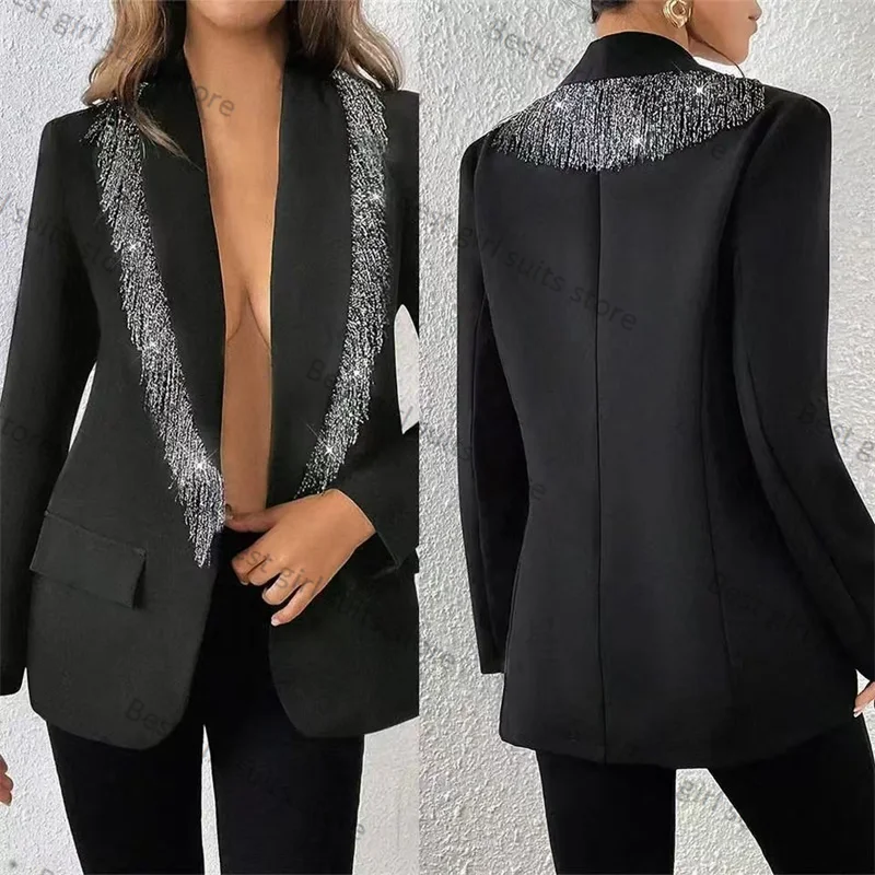 

Crystals Beading Women Suits Set 2 Piece Blazer+Pants Formal Office Lady Cotton Jacket Customized Autumn Spring Black Prom Coat