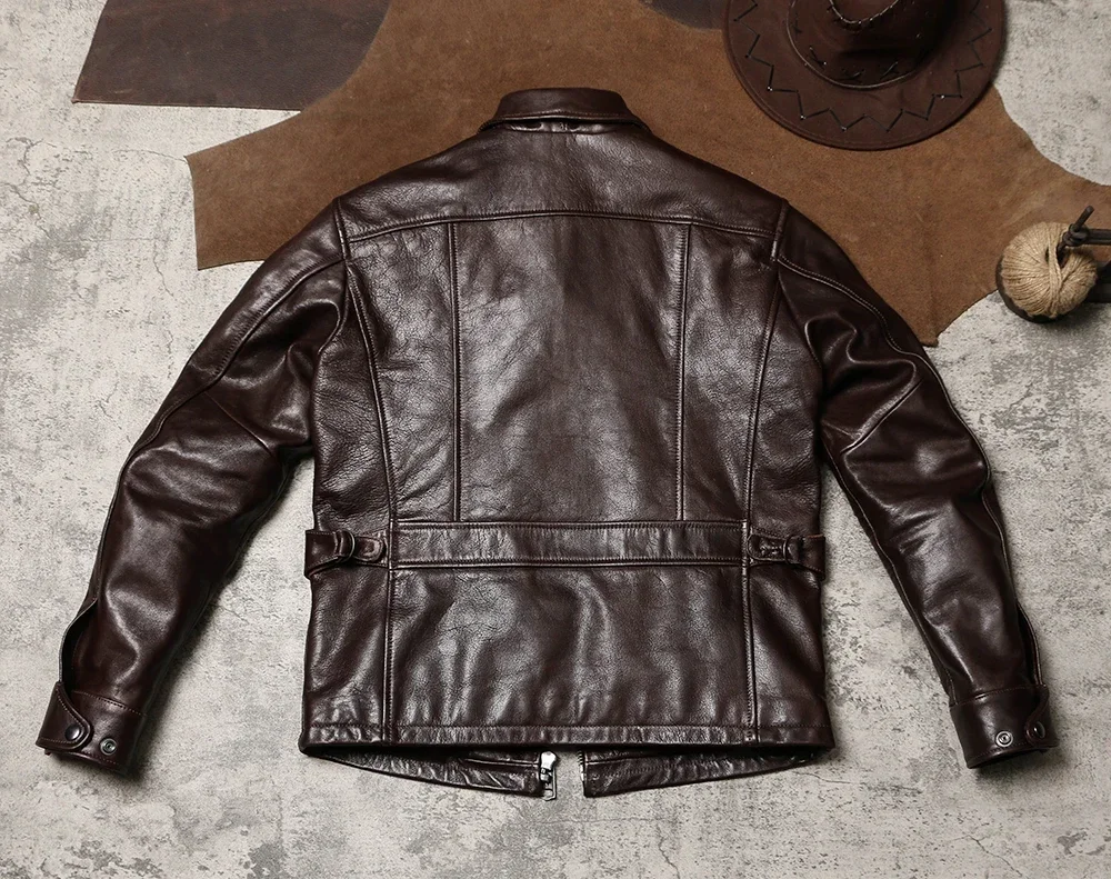 Tailor Brando Retro Men's Lapel Workwear Newsboy Cowhide Jacket Wax Dyed Goat Genuine Leather Jacke