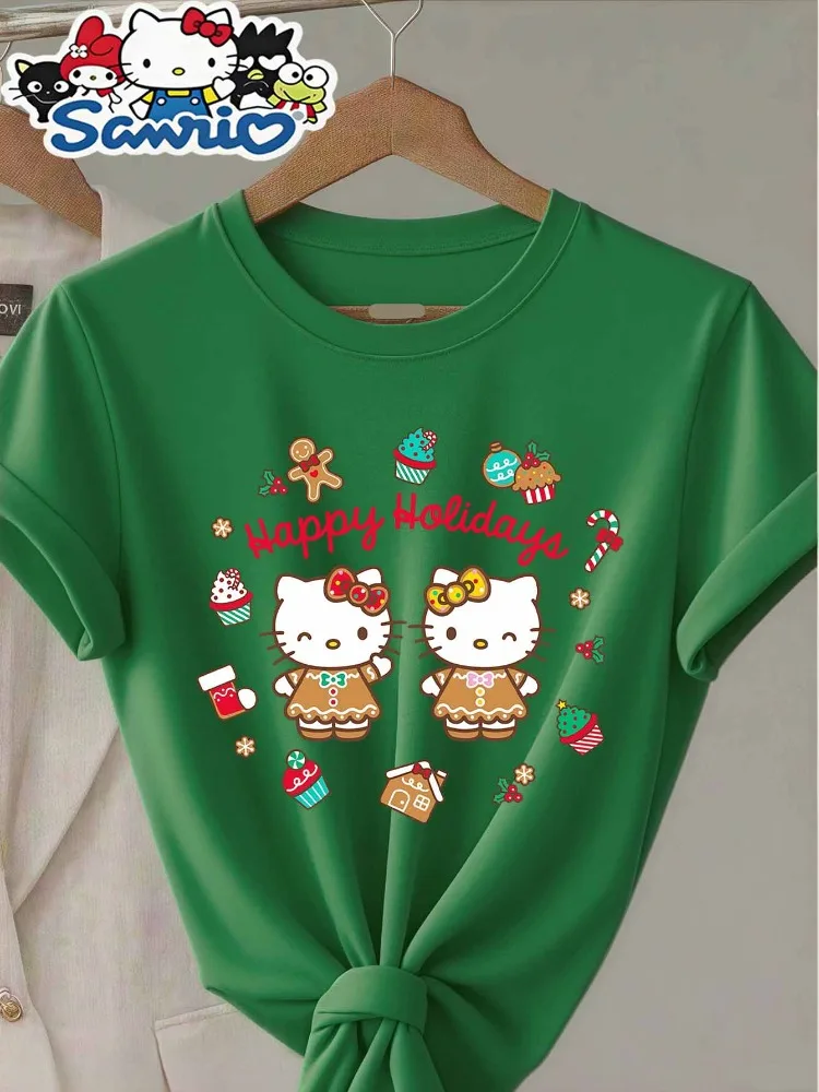 サンリオ クリスマス ハローキティ キュート ホリデー テーマ キティ猫プリント レディース エレガント クルーネック 半袖 Tシャツ レタープリント トップス