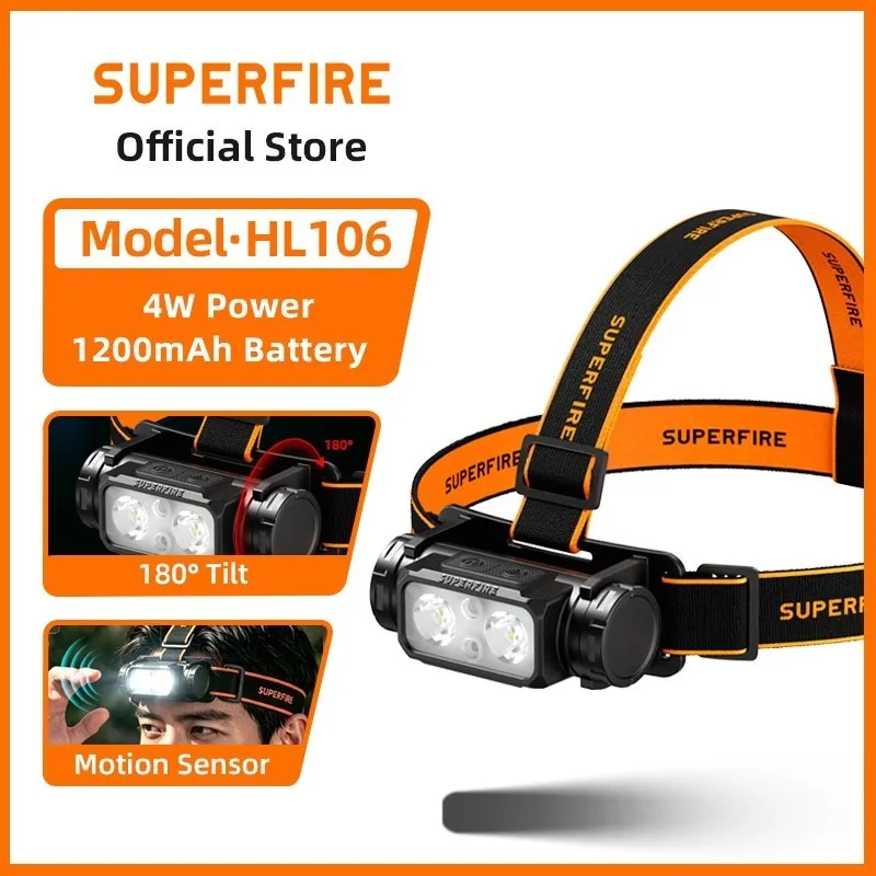 SUPERFIRE HL106 4W Multifunctional  mini  Headlamp  Motion Sensor Flashlight Type-C Charging  Rotatable, Camping Light