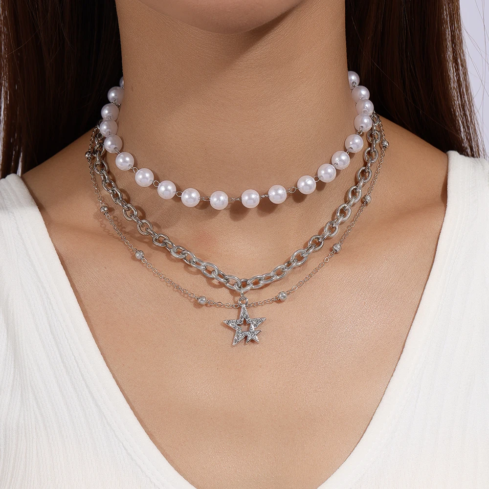 

3pcs/set New Crystal Star Pendant Necklaces Pearl Beaded Choker Necklace Women Girls Handmade Jewelry Gift