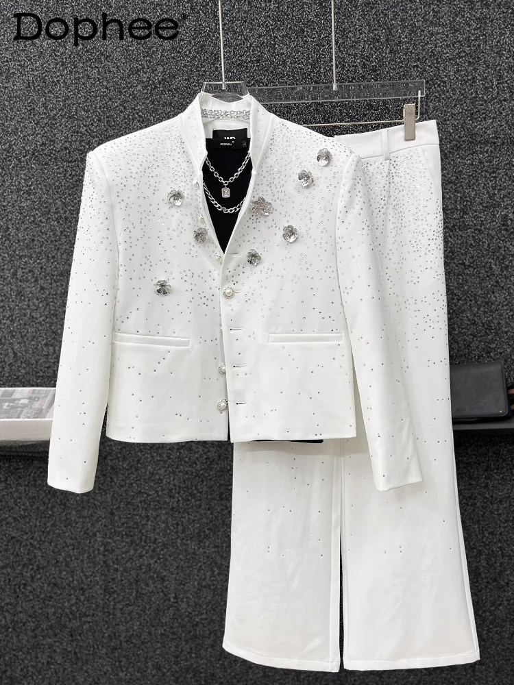 

High-End Starry Sky Rhinestone Suit Set 2025 Men's Autumn New 2pcs Stand Collar Floral Blazers Straight-Leg Pants Two-Piece Sets