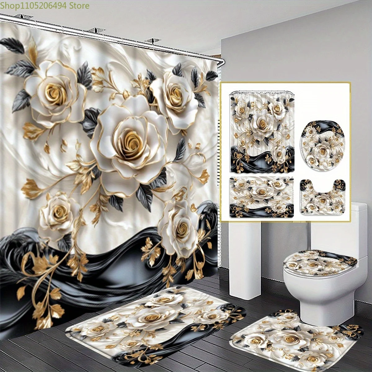 

1/3/4pcs "Black and Golden Roses" Shower Curtain Set, "Black and Golden Roses on White" Bathroom Decoration, Bathroom Accessor