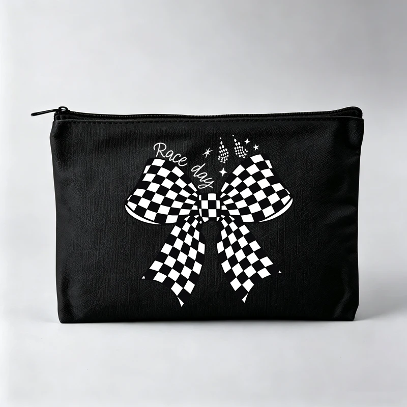 Checkerboard Bow Pattern Makeup Bag, Fashion Cosmetic Pouch for Daily Use