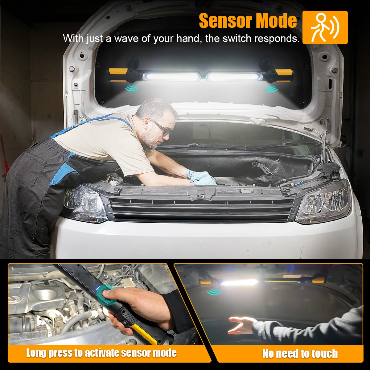 LED Work Light For Mechanic, 2400LM Ultra-Bright LED Floodlight, Work Light, With Semsor Cotrol And Hooks, 3 Light Modes