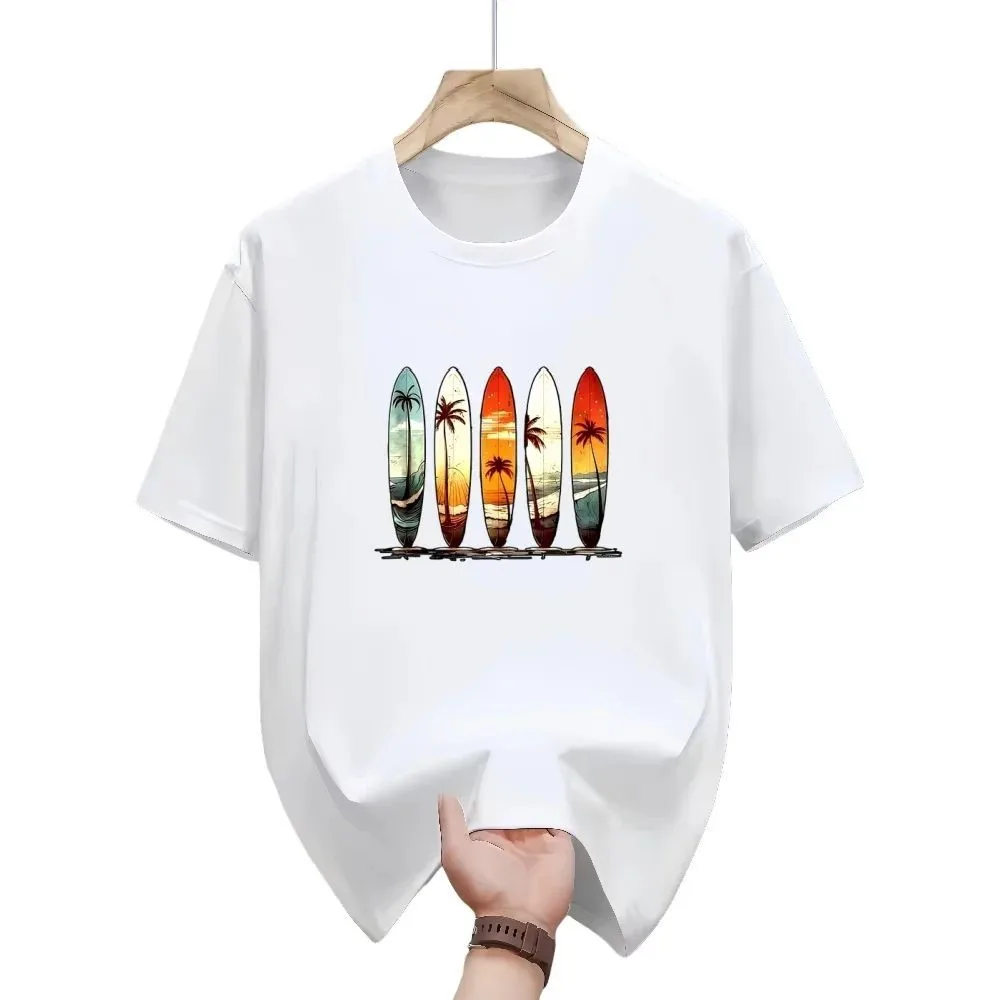 American men's summer scenery sunset surfboard print micro elastic breathable round neck T-shirt outdoor vacation casual top