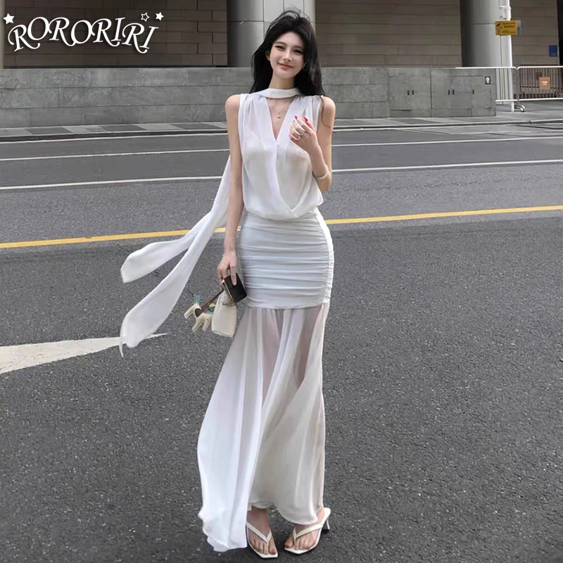 

RORORIRI Desire Stitch Mesh Layered Top Skirt Set Women Solid V-neck Sleeveless Shirt Pleated Bodycon Long Skirt Sexy Clothes