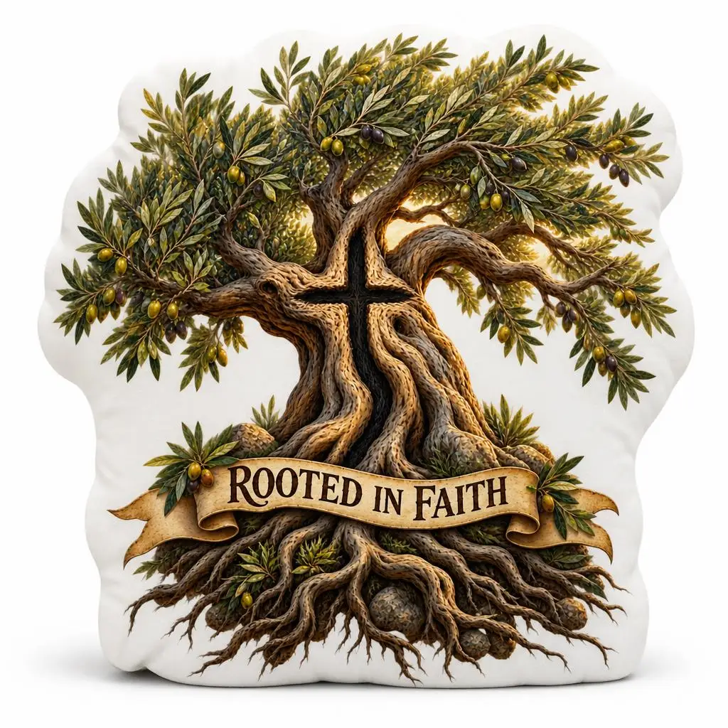 Rooted In Faith Olive Tree Cross Decorative Pillow Christian Throw Cushion Religious Home Decor Gift for Believers Rustic
