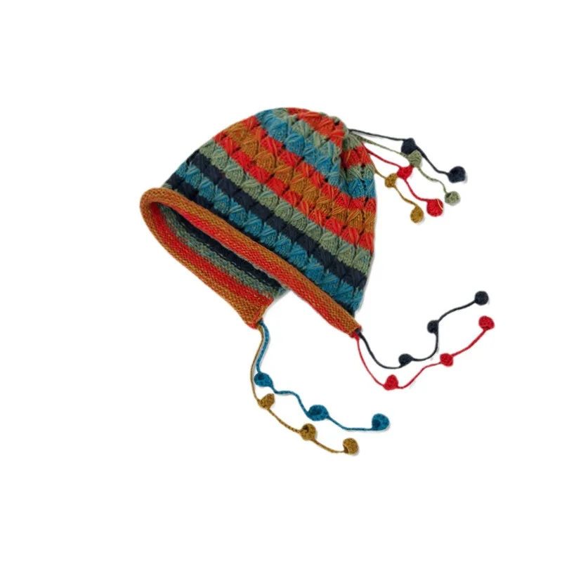 Korean fashion designer handmade crochet colored ball yarn hat for children\'s autumn and winter tie tassel pullover cold hat