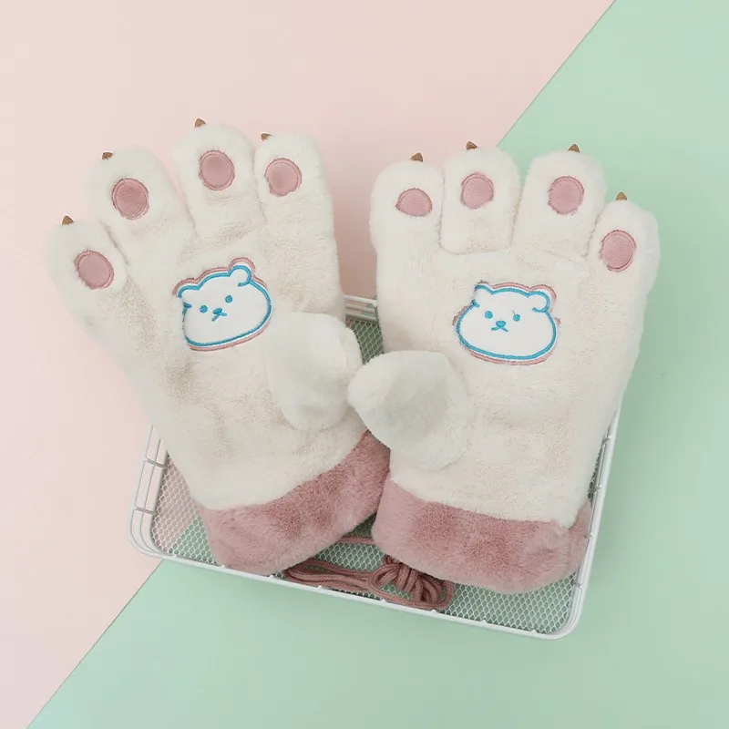 Bear Paw Gloves Winter Cute Cartoon Girl  Finger Gloves Thickened Fluffy Bear Paw Cosplay  Finger Gloves