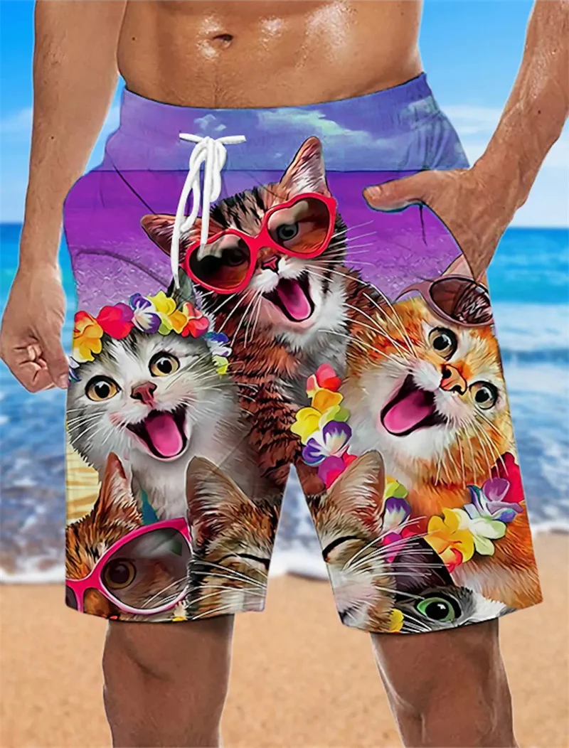 Pantalones cortos de playa para hombre, bañador con estampado de gato 3D, holgado, informal, Unisex, venta al por mayor