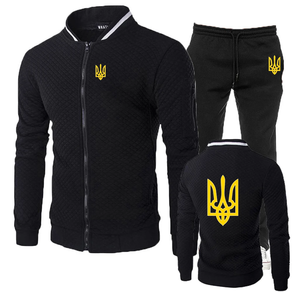 2025 Spring And Autumn Men's New Slim-fit Set Ukraine Logo Print Round Neck Casual Zipper Jacket+Trouser Sports Suit