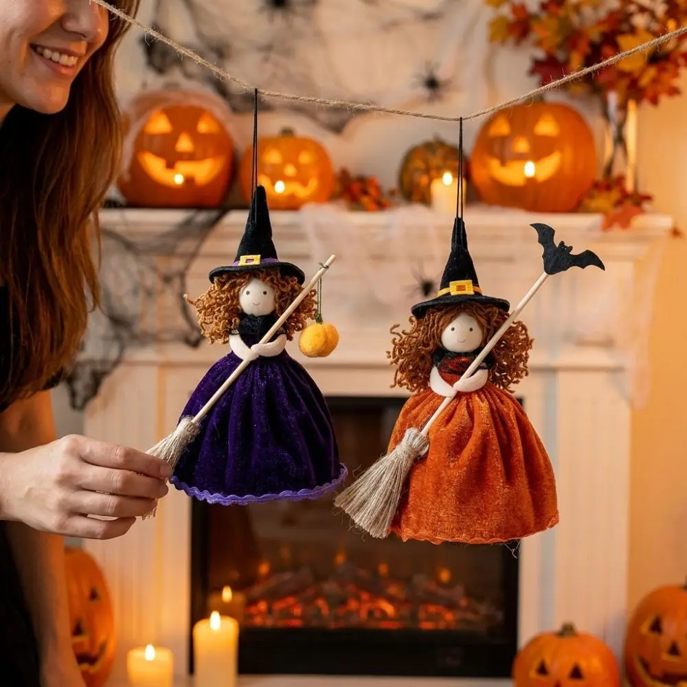 Handmade Halloween Broom Girl Pendant Pumpkin Bat Spider Soft Stuffed Curly Hair Witch Hanging Doll Velvet Skirt
