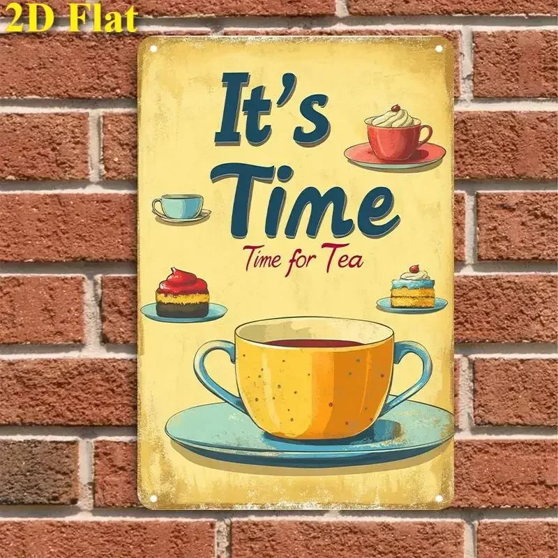 2D Flat, Single Metal Sign, Vintage Weatherproof  Sign, 'It'S Time for Tea' Classic Wall Art Decoration