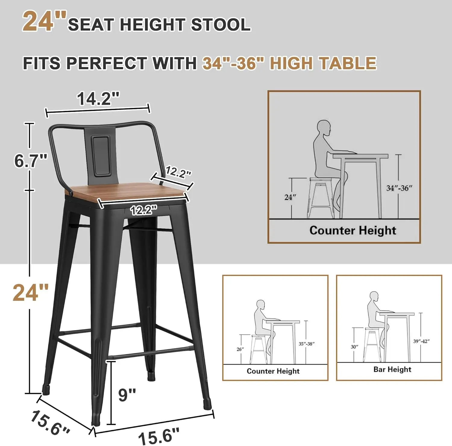 Conjunto de 4 bancos de bar giratórios de 24 polegadas com bancos de bar industriais de altura de balcão para ilha de cozinha