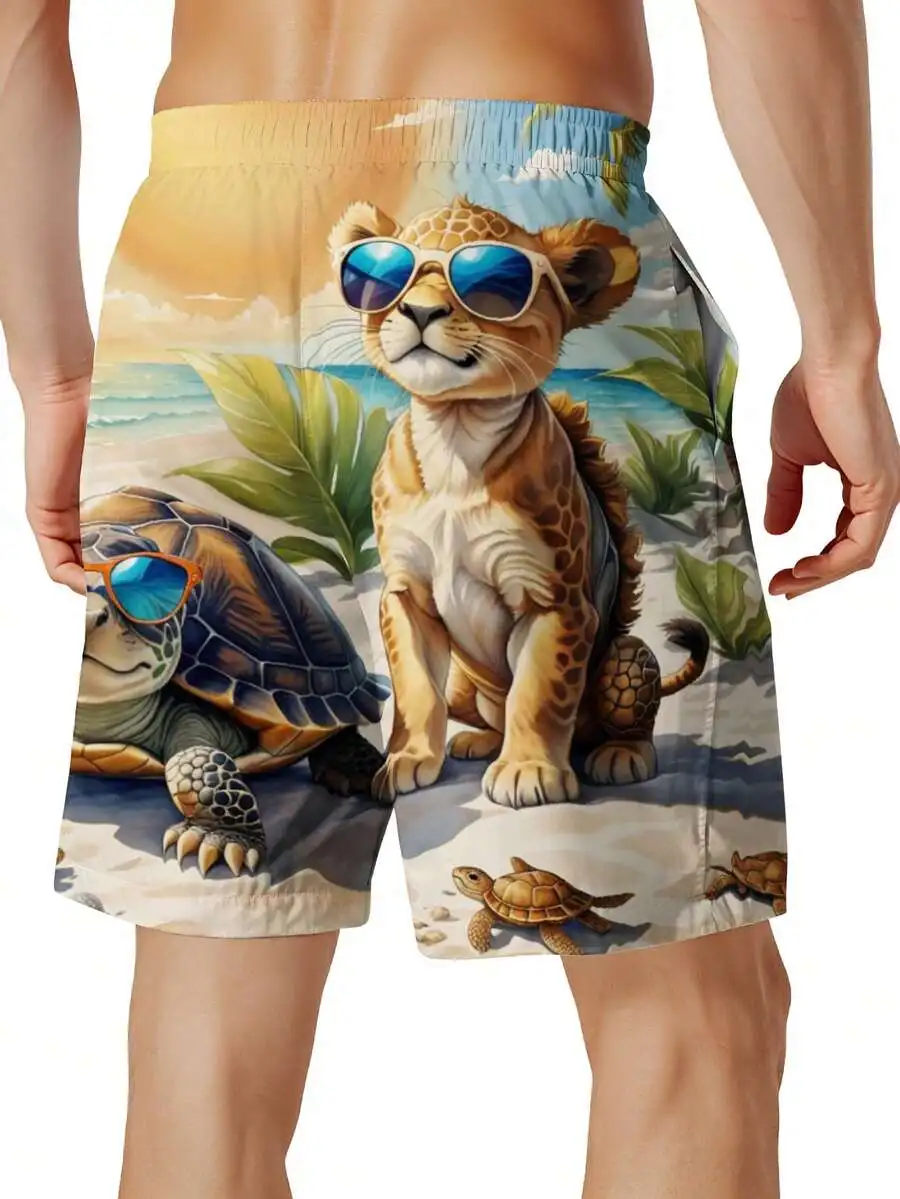 

Mens 3D Printed Beach Shorts Leopard And Turtle With Sunglasses Tropical Paradise Design