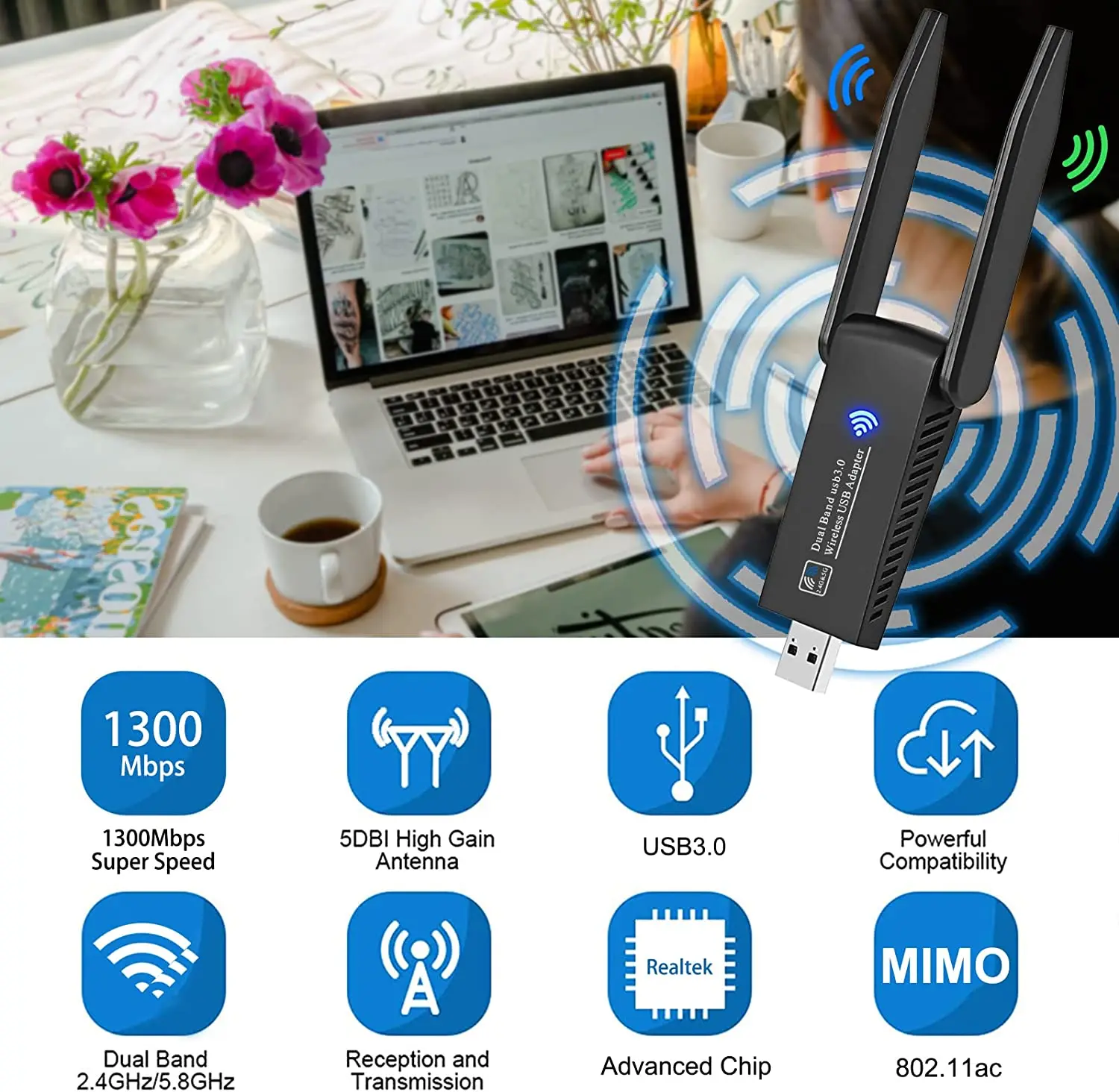 윈도우 및 맥 OS용 무선 네트워크 어댑터, 와이파이 동글 MU-MIMO, 1300Mbps, USB 3.0, 듀얼 밴드, 5GHz, 2.4GHz, 안테나 2 개