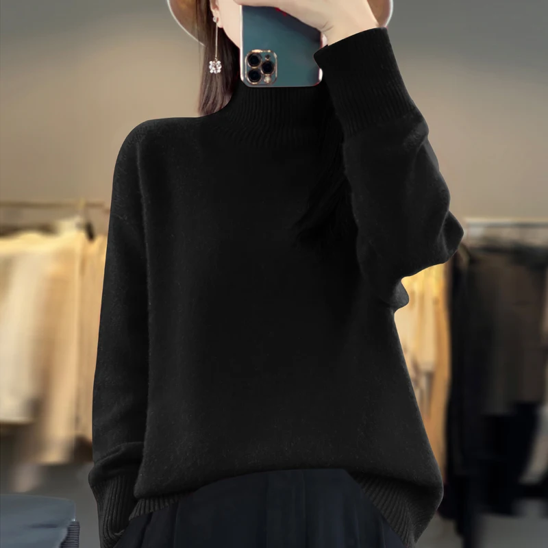 24 autumn and winter new women\'s 100% cashmere wool semi-turtle neck women\'s sweater soft and comfortable blouse loose pullover