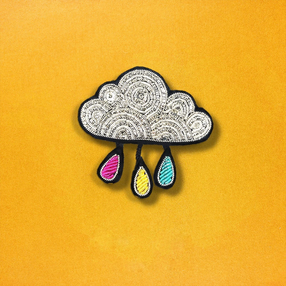 Fashion Badge Pin Cloud Rain Pattern Indian Silk Metallic Thread Cannetille Embroidery Bullion Wire Patch Brooch Jewelry Gift