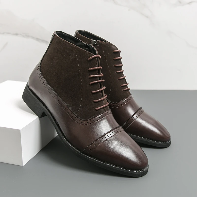 

Retro Men Business Chelsea Boots Black Brown European American Casual Lace-up Office Business Formal High-top Leather Boots Men