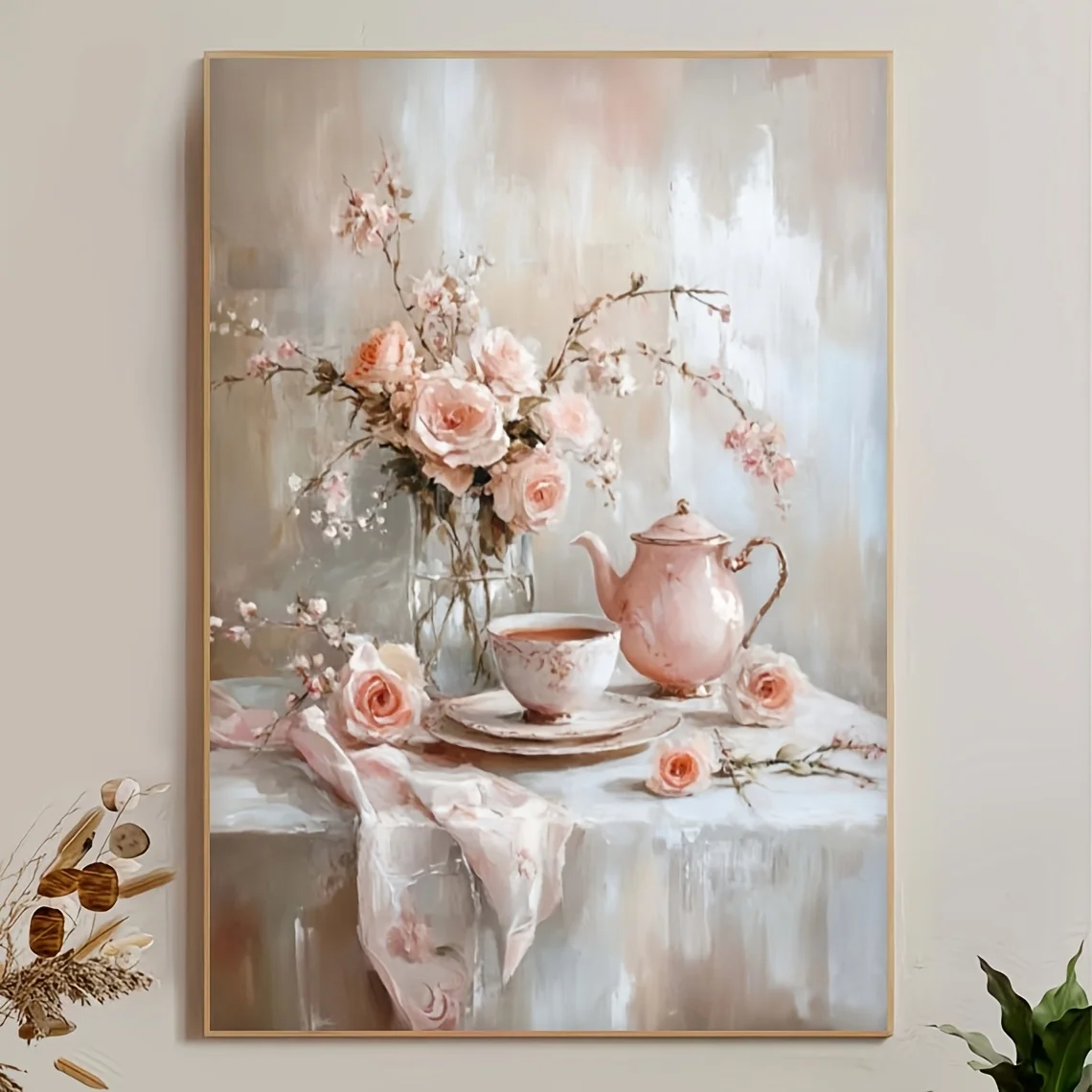 WORRYFREE, 1pc, No Frame, Multi-Sizes, Frameless, Pink Afternoon Tea Time Wall Art Print, Teapot, Teacup, And Pink Flo