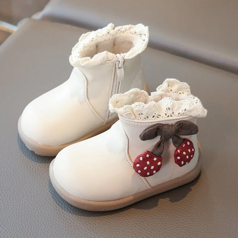 PU Leather Winter Plush Boots For Girls Trend Fashion Children's Padded Cotton Shoes Anti-slippery Girl's Plush Footwear