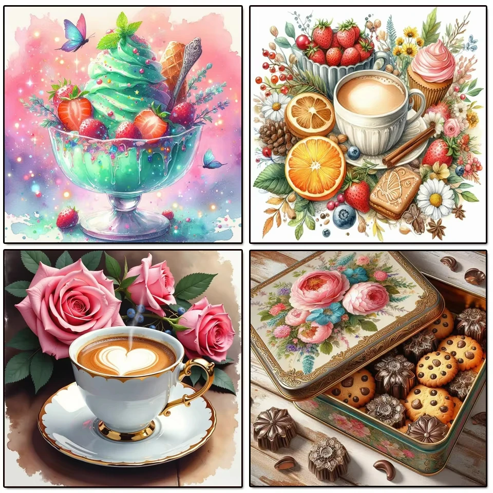 Kits de pintura artística de diamante artesanal, taza de helado de rosa y café, mosaico acogedor bordado, punto de cruz, decoración del hogar, recién llegado, juguete para regalo