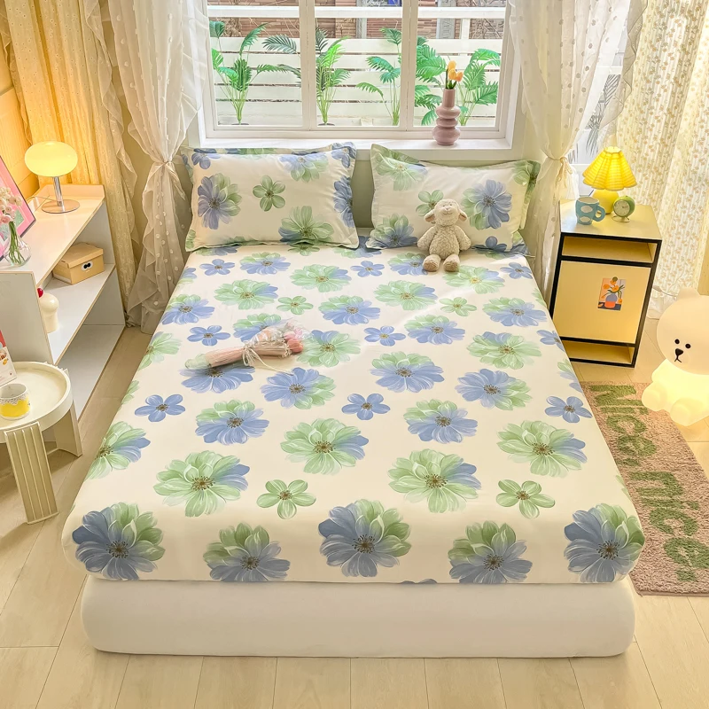 Fresh Floral Fitted Sheet Set 100% Cotton Skin-friendly 3Pcs Mattress Cover Adults Kids Bedroom Bedspread with Elastic Band