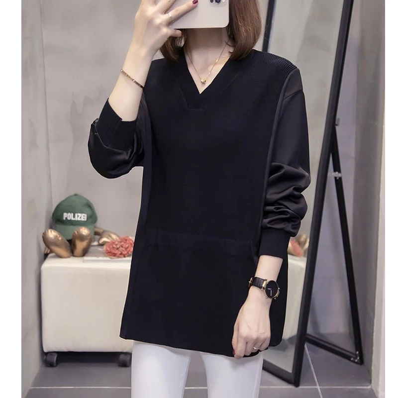 Fashion Loose Fake Two Piece T Shirt Tops Spring Autumn New Chiffon Patchwork Knitted Pullovers Vintage Elegant Women Clothing