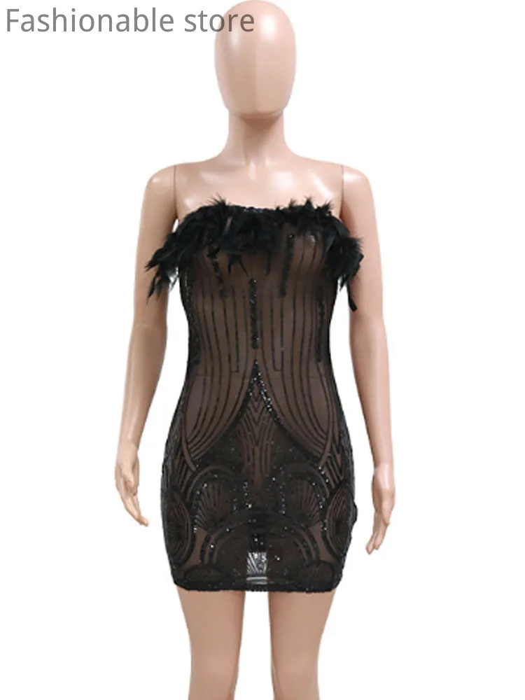 Robe de soirée Bandeau Sexy pour femmes, couleur unie, maille transparente, Patchwork, paillettes, plumes, décor