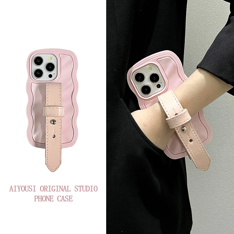 

Personalized Pink Leather Wrist Strap for Apple 15promax Phone Case iphone14 Creative Water Ripple 12pro Protective Case