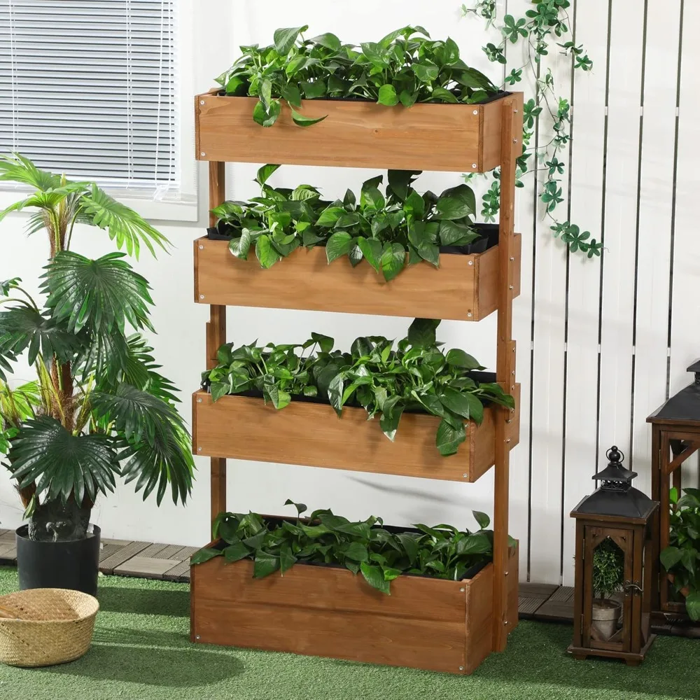 Vertical Garden Planter, Wooden 4 Tier Planter Box, Self-Draining with Non-Woven Fabric for Outdoor Flowers, Vegetables